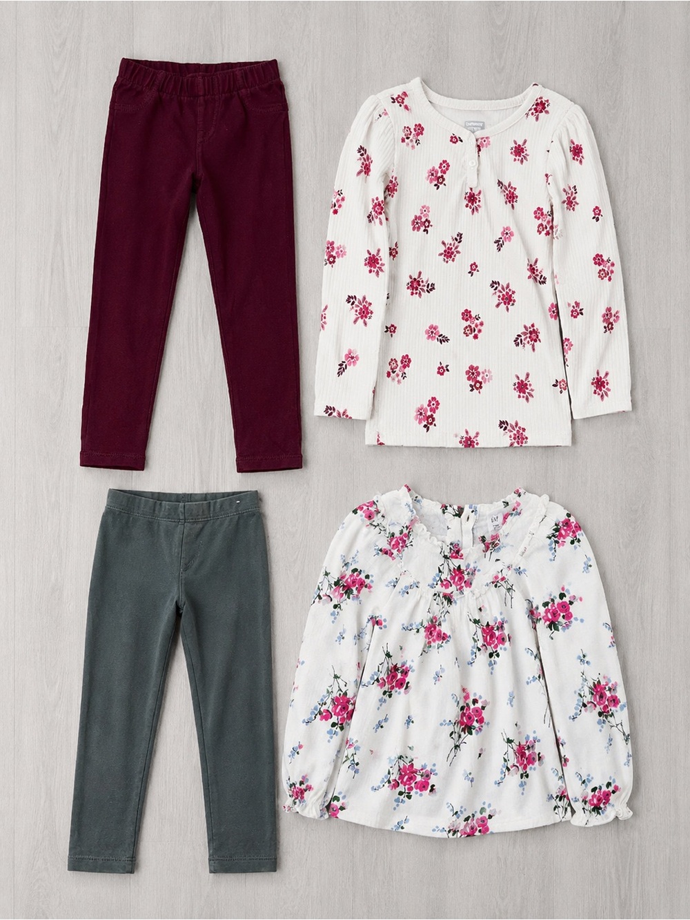 Girls 4T Outfit Bundle Floral Tops Burgundy Leggings Green Jeggings Gap blouse